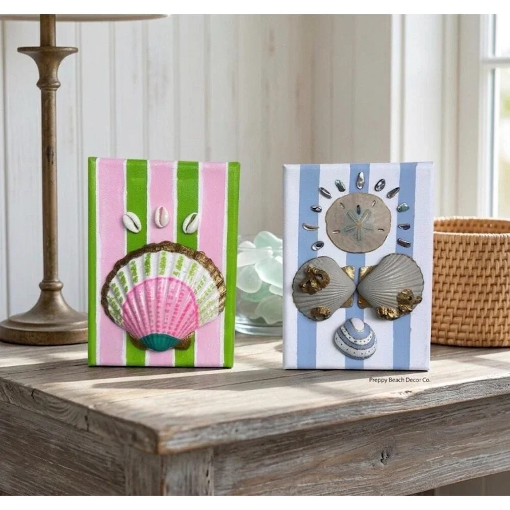 Set of 2 Preppy Beach Handpainted Shell Art Mini Canvas 5x7 Coastal Wall Decor